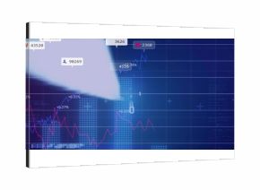 Displaying data dashboard on screen, with dotted bar charts, two-color line graphs and UI callouts