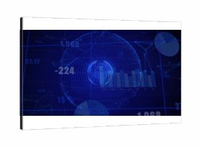 Displaying 3D dotted globe swirling paths in digital dashboard, showing bar chart, floating labels