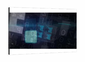 Displaying abstract digital interface on futuristic screen with glowing rectangles and bar graphs