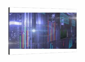 Projecting holographic bar,pie,line graph and table overlays on server rack in data center corridor