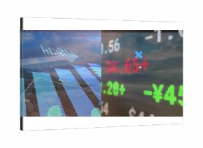 Displaying financial data amid clouds, with bar charts, trend lines, numeric tickers with ¥ $ signs