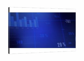 Blue dashboard displaying monthly data in office with bar chart and numeric overlays, copy space