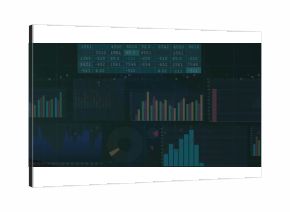 Showing dark dashboard on monitor, with data table, bar charts, line and donut graphs, grid overlay
