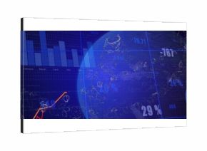 Displaying blue globe floating over data dashboard, with nodes, bar and line charts, percentages
