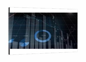Featuring blue ring chart pulsing in virtual dashboard over 3D grid, with bar charts, line graphs