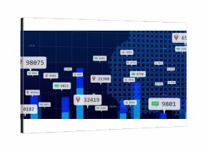 Displaying bar charts on analytics dashboard, with callouts, pin, chat and bell icons and grid map