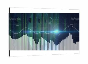 Displaying bar charts rising on data panel, with waveform, glowing flare, grid overlay, year labels