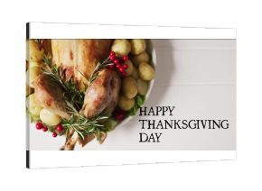 Image of happy thanksgiving day text over thanksgiving dinner on white boards