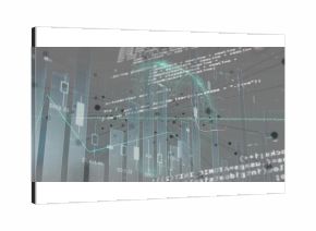 Floating translucent bar chart in grid space, with aqua, pink line graphs, black markers, code text