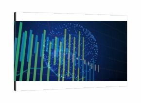 Showing vertical bar charts with green and red line graphs at analytics dashboard, with dot globe