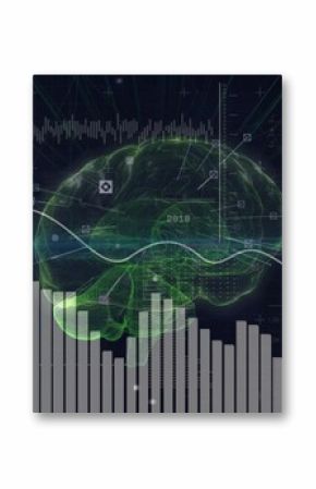 Displaying wireframe 3D brain model hovering in dashboard, with white waveform graph and bar chart