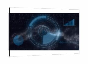 Displaying radar HUD interface on dark grid, streaming particles, binary code, pie chart, bar chart
