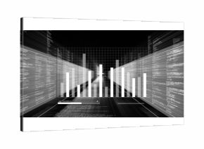 Displaying monochrome 3D bar chart converging on grid in technical dashboard, with code panels