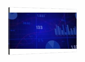 Abstract dashboard showing on screen, with red line graph bar chart pie slices and numeric overlays