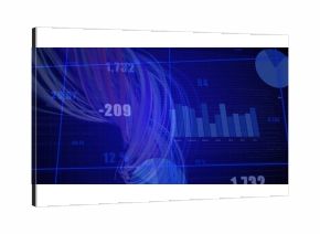 Displaying analytics dashboard on screen with grid lines, bar and pie charts, swirling data streams