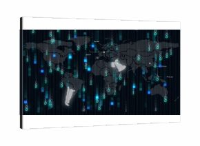 Dotted world map displaying binary code in dashboard, with country labels and Middle East highlight