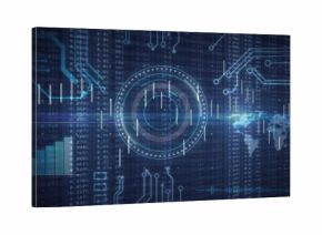 Displaying HUD graphic on screen with bar chart, circuit traces, code streams, world map silhouette