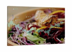 Showcasing wooden bowl of salad with grilled chicken, showing stock chart overlay in kitchen