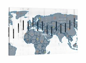 Displaying world map showing data on interface, bar charts, boundaries, triangles, orange markers