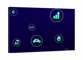 Floating bar chart arrow icon on right of neon green screen with sustainability symbols, copy space