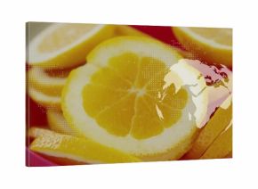 Displaying lemon slices in red bowl on white table, with dotted world map overlay and globe