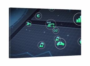 Displaying upward trending bar chart icon on grid, with green eco and financial icons, copy space