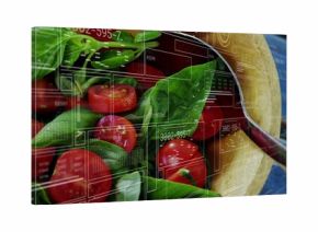 Displaying wooden bowl with halved cherry tomatoes, herbs on blue table, metal spoon, data overlay