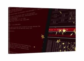 Displaying red encryption progress bar with waveform in terminal windows overlaying golden stars