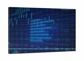 Displaying line graph rising on navy grid at trading terminal, with bar charts and numeric labels