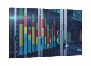 Displaying transparent panels showing multicolored bar charts in data center, with LED server racks