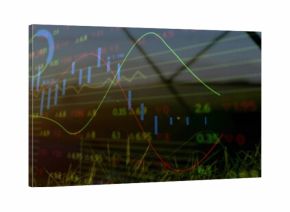 Stock chart overlaying greenhouse plants, showing blue bars, multicolor lines, tickers