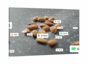 Displaying whole almonds floating at kitchen counter, with coarse salt crystals and overlay icons