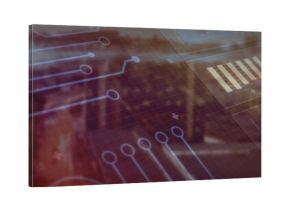 Displaying translucent digital circuit overlay floating over blurred city with grid and bar chart