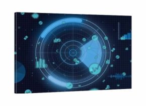 Displaying center circular radar HUD on grid, showing pie chart, bar chart, waveform, data icons