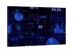 Displaying dashboard with bar and pie charts, numeric overlays, neon particles on blue grid screen