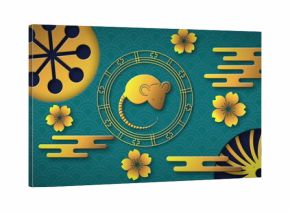 Image of rat symbol in circle with chinese pattern on blue background