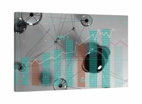 Bar chart showing white-magenta line graphs in data dashboard, with network nodes and connectors