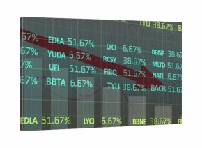 Displaying financial chart showing stock tickers on trading screen, with bar charts and red arrow
