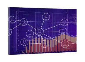 Displaying white circle user icons connecting lines on analytics dashboard, with colored bar charts