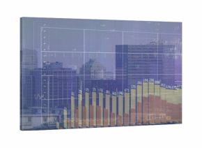 Overlaying multi-colored bar charts across downtown skyline, with gridlines and numerical labels