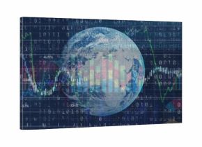 Displaying Earth globe on dark grid with binary code, bar charts, line graphs and numeric data