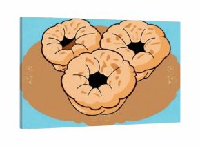 Displaying three brown bagels resting on decorative doily, against light blue background