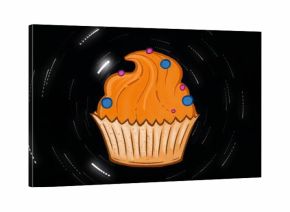 Floating cartoon cupcake drifting in space with orange frosting, blue-pink sprinkles, swirl lines