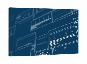 Floating semi-transparent UI panels displaying stats in dashboard, with line graphs and bar charts