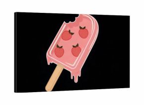 Melting pink popsicle on wooden stick showing bite and drips in dark void, with strawberry icons