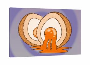 Showing breaded boiled egg halves leaning in purple gradient backdrop, runny yolk pooling below