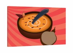 Displaying brown bowl holding orange soup with dark spoon on red pink stripes with halved vegetable