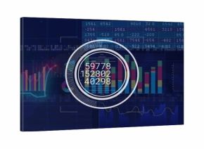 Displaying concentric HUD with numeric readouts on digital dashboard, showing bar, line, pie charts