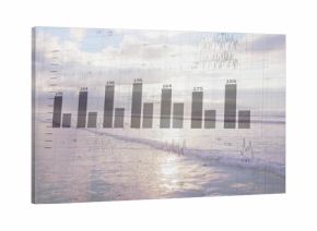 Displaying vertical bar chart overlay across coastal seascape, showing numbered bars, gridlines