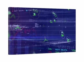 Displaying virtual dashboard showing red blue line graphs, bar charts, binary code, floating icons
